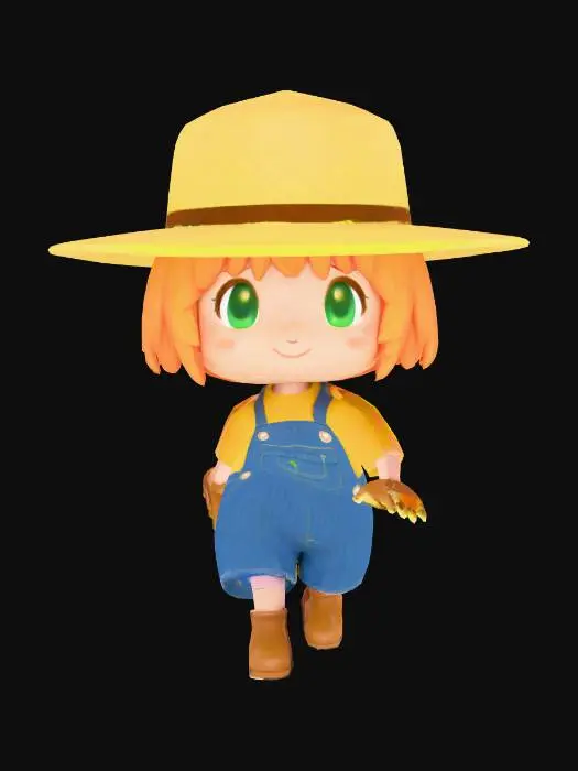 3D model for 밝은 오렌지색의 물결치는 머리카락과 녹색 눈을 가진 치비 스타일의 캐릭터가 T-포즈로 서 있습니다. 그녀는 챙이 넓은 밀짚모자를 쓰고 있으며, 심플한 노란색 반팔 티셔츠와 롤업된 밑단, 금속 버클이 달린 헐렁한 파란색 데님 멜빵바지를 입고 있습니다. 손에는 밝은 녹색의 정원용 장갑을 끼고 있으며, 발에는 뭉툭한 적갈색 작업화를 신고 있습니다.