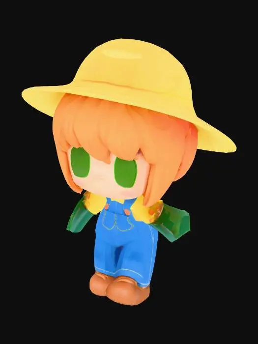 3D model for 밝은 오렌지색의 물결치는 머리카락과 녹색 눈을 가진 치비 스타일의 캐릭터가 T-포즈로 서 있습니다. 그녀는 챙이 넓은 밀짚모자를 쓰고 있으며, 심플한 노란색 반팔 티셔츠와 롤업된 밑단, 금속 버클이 달린 헐렁한 파란색 데님 멜빵바지를 입고 있습니다. 손에는 밝은 녹색의 정원용 장갑을 끼고 있으며, 발에는 뭉툭한 적갈색 작업화를 신고 있습니다.