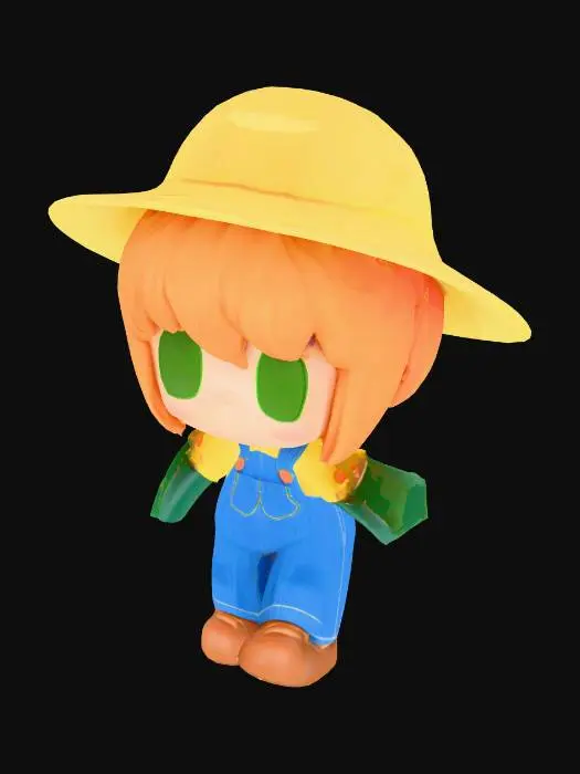 3D model for 밝은 오렌지색의 물결치는 머리카락과 녹색 눈을 가진 치비 스타일의 캐릭터가 T-포즈로 서 있습니다. 그녀는 챙이 넓은 밀짚모자를 쓰고 있으며, 심플한 노란색 반팔 티셔츠와 롤업된 밑단, 금속 버클이 달린 헐렁한 파란색 데님 멜빵바지를 입고 있습니다. 손에는 밝은 녹색의 정원용 장갑을 끼고 있으며, 발에는 뭉툭한 적갈색 작업화를 신고 있습니다.