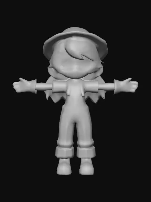 3D model for A chibi-style character with wavy orange hair and prominent green eyes, standing in a neutral T-pose. T-pose, She wears a wide-brimmed straw hat, a simple yellow short-sleeve t-shirt, and loose blue denim overalls with visible metal buckles and rolled-up cuffs. Her hands are clad in bright green gardening gloves, and she has sturdy reddish-brown work boots on her feet, completing a cheerful, ready-to-work appearance.