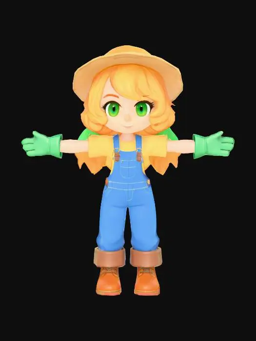 3D model for A chibi-style character with wavy orange hair and prominent green eyes, standing in a neutral T-pose. T-pose, She wears a wide-brimmed straw hat, a simple yellow short-sleeve t-shirt, and loose blue denim overalls with visible metal buckles and rolled-up cuffs. Her hands are clad in bright green gardening gloves, and she has sturdy reddish-brown work boots on her feet, completing a cheerful, ready-to-work appearance.