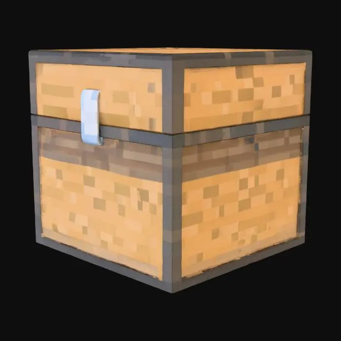 3D model for Minecraft chest models: Generate TWO separate models - 1. Single chest (1x1 block): blocky pixelated wooden box, oak planks texture, latch on front, openable lid with slight angle. 2. Double chest (2x1 blocks side-by-side): two single chests merged seamlessly, shared wider lid, same oak wood grain, detailed hinges. Low-poly voxel style, brown wood colors #8B4513 base with lighter #A0522D highlights, subtle grain textures. Include inner slots visible when lid open. For Minecraft resource pack/mod, printable. High detail on wood cracks, metal latch glow.