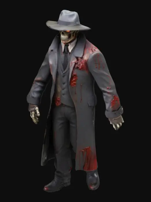 3D model for a hunter whose half skeleton with bright white eyes he wears a fedora with a suite covered in a bloody substance 

