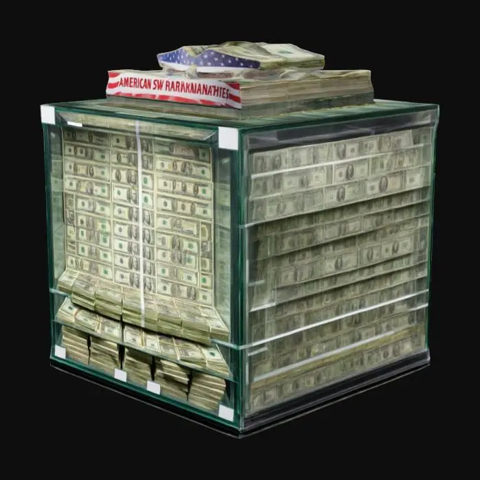 3D model for A square-shaped showcase for the show, filled with American banknotes. It can be seen that the money is neatly stacked in layers, and there is a large amount of cash on top of the display case. It can symbolize wealth or financial stability.