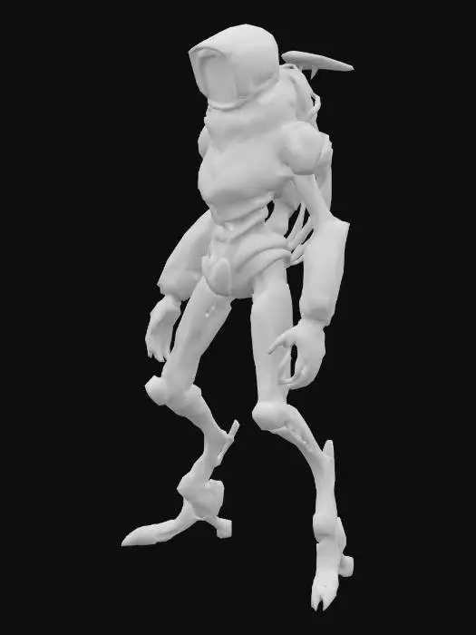 3D model for Low/medium poly, cell-shaded sci-fi criminal robot, main playable character for a dystopian game, Risk of Rain style. Bipedal, lanky with long arms past knees, long digitigrade legs. Gritty, exposed frayed wires at joints, scratches, no rust. Narrow visor head, single neon cyan optic, broken antennae. Lean torso, glowing red core in cracked panel. , graffiti bandana on arm, square/rectangular body parts, smooth. covered in bright lights. Vibrant colors: gunmetal base, neon cyan/pink/lime wires. Textures: 2K, matte metal with clean grunge, glossy neon wires, emissive glows. Rigged for humanoid animation, battle-ready standing pose. 5-15K triangles, clean topology, 2K diffuse/normal/roughness/emissive maps. Bold outlines, sleek sci-fi vibe. Game-ready, agile look.