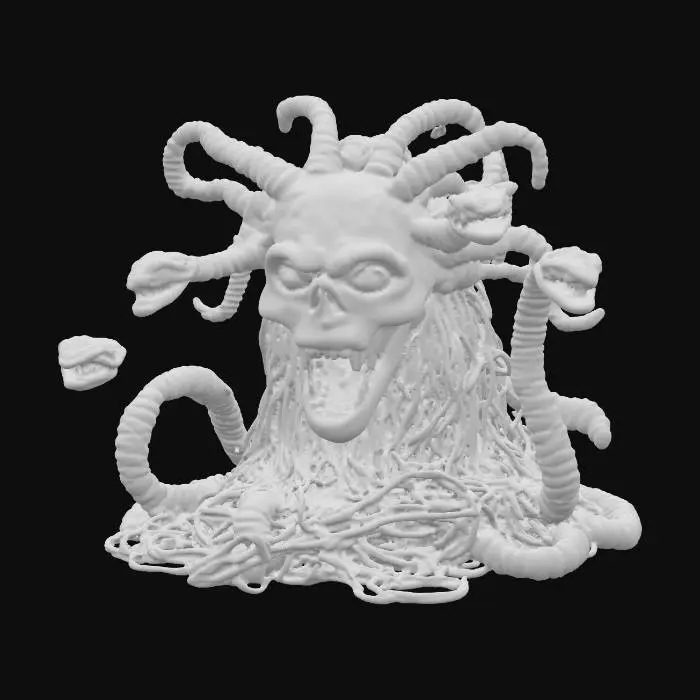 3D model for A realistic food sculpture of Medusa made from spaghetti on a plate, tangled pasta forming writhing snakes, meatballs as snake heads, and a terrifying face emerging from the noodles, detailed textures and dramatic lighting.