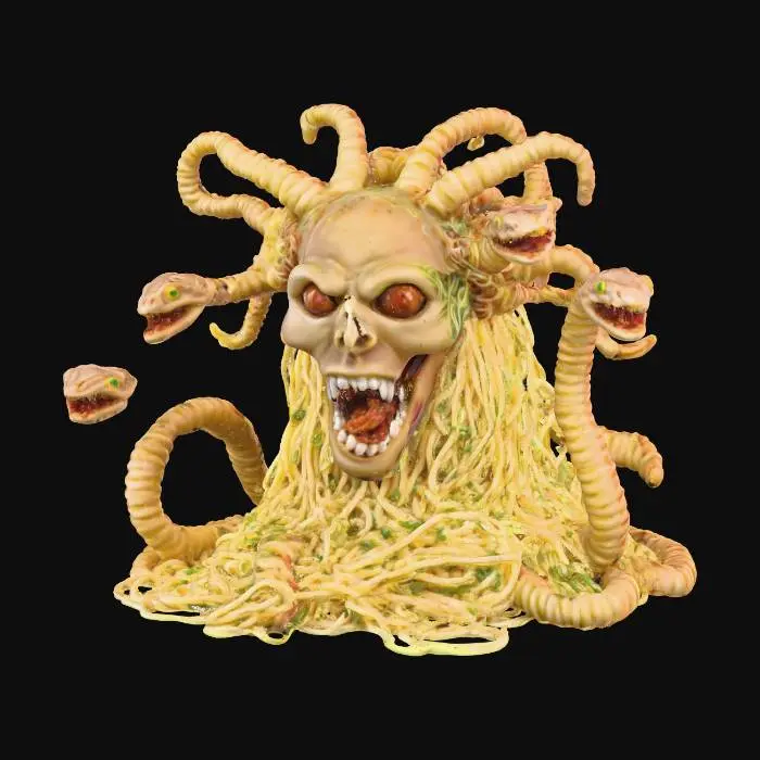 3D model for A realistic food sculpture of Medusa made from spaghetti on a plate, tangled pasta forming writhing snakes, meatballs as snake heads, and a terrifying face emerging from the noodles, detailed textures and dramatic lighting.