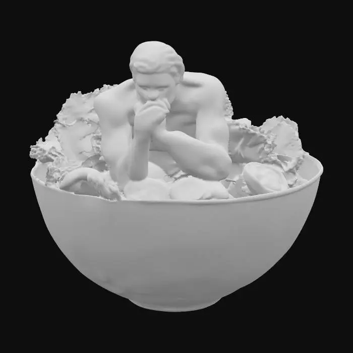 3D model for A realistic food sculpture of a body made from lettuce posed like Rodin’s The Thinker, sitting inside a clear glass salad bowl, with tomato halves as knees, cucumber slices as arms, and salad dressing dripping like sweat, highly detailed textures and dramatic lighting., #food#