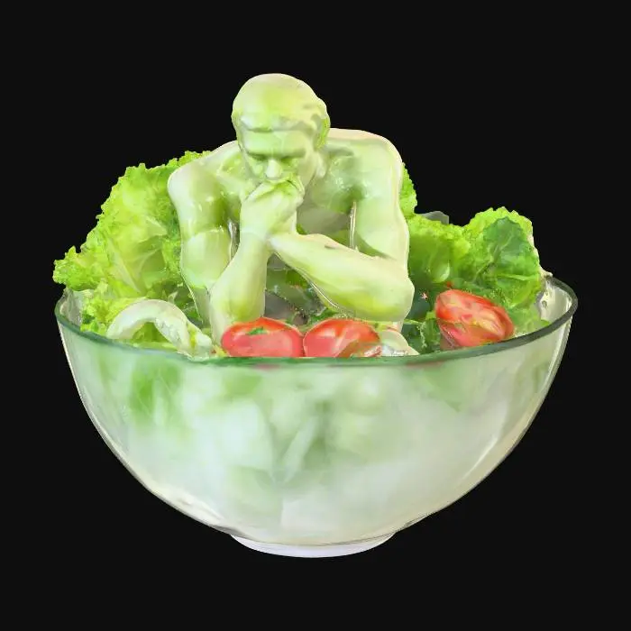 3D model for A realistic food sculpture of a body made from lettuce posed like Rodin’s The Thinker, sitting inside a clear glass salad bowl, with tomato halves as knees, cucumber slices as arms, and salad dressing dripping like sweat, highly detailed textures and dramatic lighting., #food#