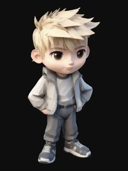 3D model for chibi anime boy with ash blonde mullet haircut and a 2000s fashion style. low-poly style graphics