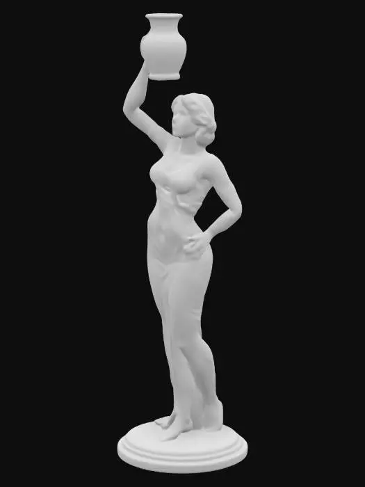 3D model for faceted stylized clay sculpture of fashion woman, high resolution, simplified form, stylized draped cloth, high resolution, best quality, accurate anatomy, even lighting, #hard surface#, dynamic pose, short hair, art deco style, even lighting, #clay#, vertical composition, sculpture holds a small vase above herself with both hands, sculpture without a pedestal