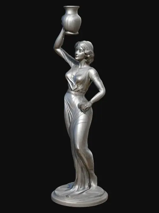 3D model for faceted stylized clay sculpture of fashion woman, high resolution, simplified form, stylized draped cloth, high resolution, best quality, accurate anatomy, even lighting, #hard surface#, dynamic pose, short hair, art deco style, even lighting, #clay#, vertical composition, sculpture holds a small vase above herself with both hands, sculpture without a pedestal