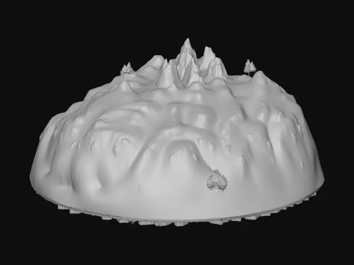 3D model for Majestatyczne wiosenne góry z ostrymi, skalistymi szczytami, częściowo pokrytymi topniejącym śniegiem. Zbocza porośnięte są soczystą, jasnozieloną trawą i młodymi drzewami, przeplatanymi szarymi skałami. W dolinach widać krystalicznie czyste strumienie. Całość charakteryzuje się surową, chłodną teksturą skał i miękką, wilgotną zielenią, w palecie bieli, szarości i żywych zieleni.