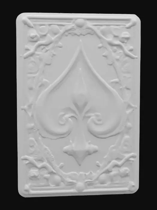 3D model for A 3D model of a steampunk-themed Ace of Spades poker card made of metal, such as brass or copper. The card has intricate engravings or embossments of steampunk structures like gears, clockwork, and pipes. The overall color is a mix of dark and bright blue, perhaps achieved through patina or enamel. The spade symbol and the letter 'A' are prominently featured in the design. The metal should have a realistic texture with appropriate reflections and possibly some wear or tarnish for authenticity.

