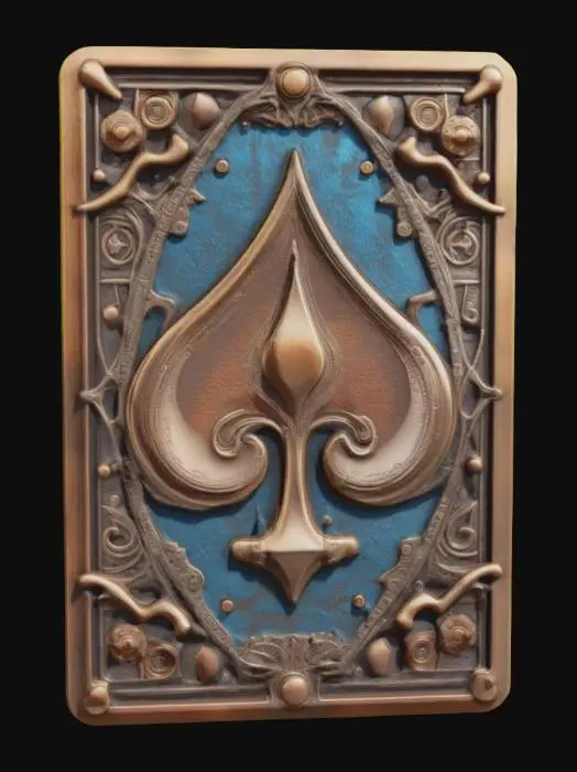 3D model for A 3D model of a steampunk-themed Ace of Spades poker card made of metal, such as brass or copper. The card has intricate engravings or embossments of steampunk structures like gears, clockwork, and pipes. The overall color is a mix of dark and bright blue, perhaps achieved through patina or enamel. The spade symbol and the letter 'A' are prominently featured in the design. The metal should have a realistic texture with appropriate reflections and possibly some wear or tarnish for authenticity.

