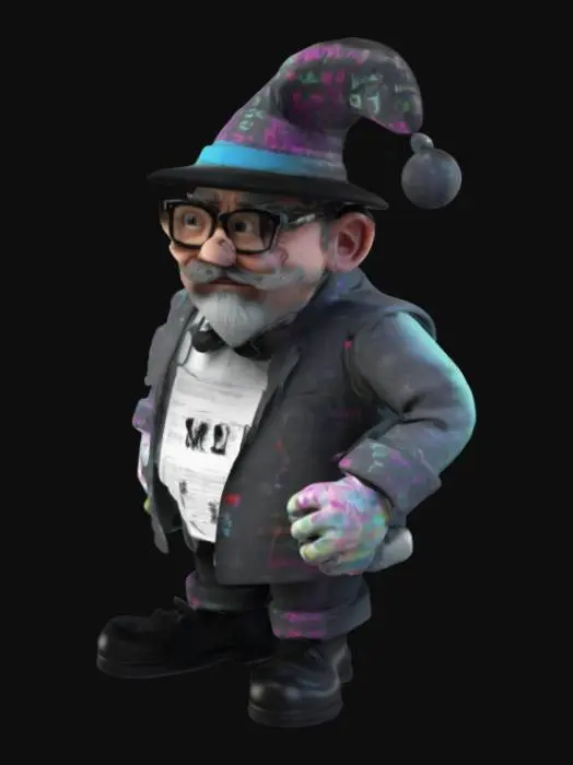 3D model for The character "Master Polygraph" is an anthropomorphic image that combines elements of typography, printing and the CMYK palette. His stylish clothes are decorated with fonts, he holds a printing roller in his hands, and his hat reflects modern printing colors. He wears a twisted mustache and a beard. Wears glasses.