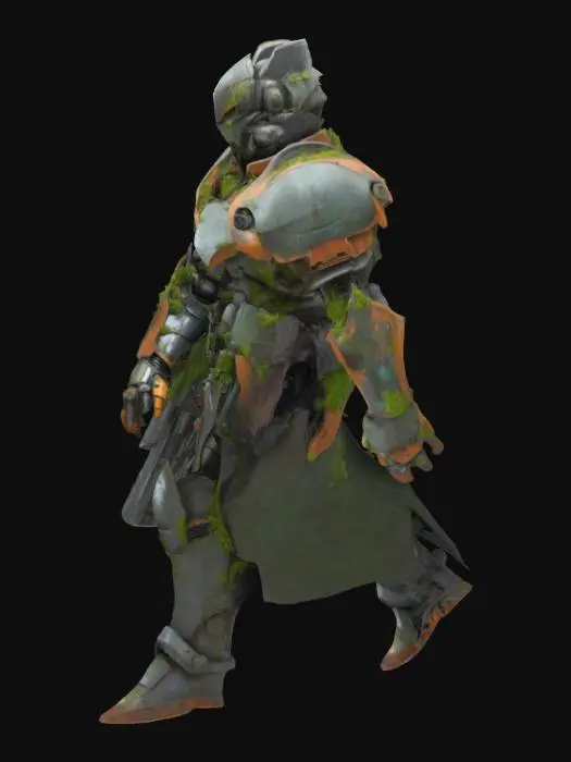 3D model for edgy futuristic power armor knight, overgrown with moss and vine on top of it, old and rusty