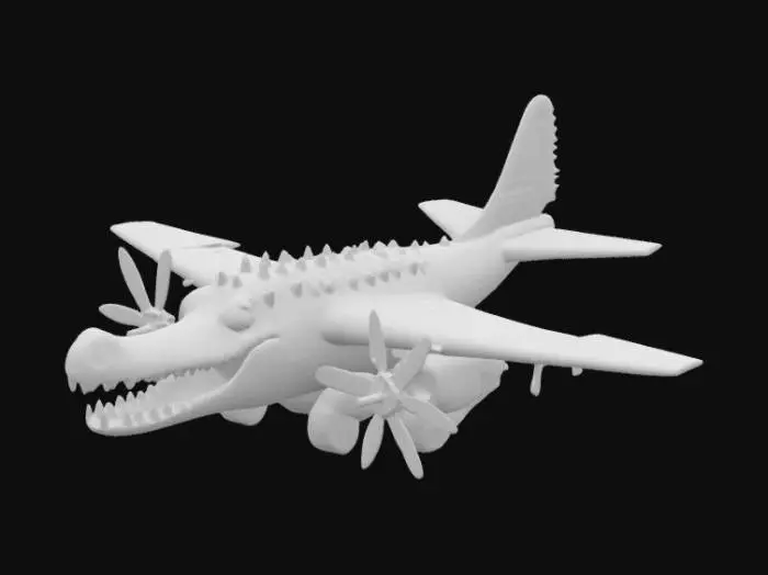 3D model for 회색 금속 재질의 비행기 모델로, 전방은 맹수의 머리, 특히 악어의 주둥이를 닮았습니다. 날카로운 이빨과 거칠고 울퉁불퉁한 피부 질감이 특징입니다. 매끄러운 회색 동체 아래에는 두 개의 프로펠러 엔진이 장착되어 있으며, 동체 뒤쪽으로는 척추뼈를 연상시키는 불규칙한 돌기들이 이어져 있습니다. 전체적으로 기계와 생물이 결합된 듯한 독특하고 위압적인 형태를 가집니다.