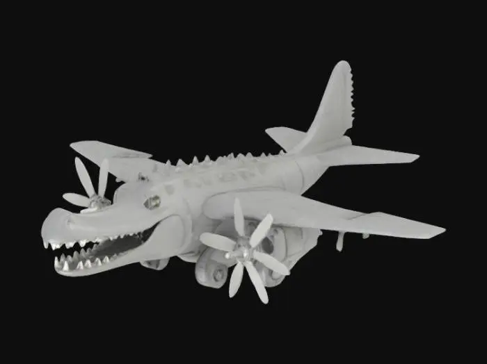 3D model for 회색 금속 재질의 비행기 모델로, 전방은 맹수의 머리, 특히 악어의 주둥이를 닮았습니다. 날카로운 이빨과 거칠고 울퉁불퉁한 피부 질감이 특징입니다. 매끄러운 회색 동체 아래에는 두 개의 프로펠러 엔진이 장착되어 있으며, 동체 뒤쪽으로는 척추뼈를 연상시키는 불규칙한 돌기들이 이어져 있습니다. 전체적으로 기계와 생물이 결합된 듯한 독특하고 위압적인 형태를 가집니다.