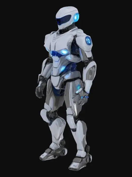 3D model for 디자인 및 외형: 퓨처 가디언은 매끄럽고 유선형의 티타늄 합금으로 제작되어 있습니다. 햇빛이나 도시의 불빛을 반사하며 은은하게 빛나는 이 로봇의 외형은 보는 이로 하여금 경외감을 느끼게 하죠. 특히, 어둠 속에서도 또렷하게 빛나는 푸른색 광학 센서는 주변 환경을 꿰뚫어 보는 예리한 시야를 상징합니다. 키는 약 2.5미터로, 위압적이면서도 날렵한 인상을 줍니다. 내장된 소음 억제 시스템 덕분에 움직임은 거의 들리지 않아, 밤의 도시를 그림자처럼 순찰하기에 안성맞춤입니다.