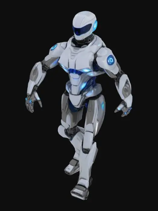 3D model for 디자인 및 외형: 퓨처 가디언은 매끄럽고 유선형의 티타늄 합금으로 제작되어 있습니다. 햇빛이나 도시의 불빛을 반사하며 은은하게 빛나는 이 로봇의 외형은 보는 이로 하여금 경외감을 느끼게 하죠. 특히, 어둠 속에서도 또렷하게 빛나는 푸른색 광학 센서는 주변 환경을 꿰뚫어 보는 예리한 시야를 상징합니다. 키는 약 2.5미터로, 위압적이면서도 날렵한 인상을 줍니다. 내장된 소음 억제 시스템 덕분에 움직임은 거의 들리지 않아, 밤의 도시를 그림자처럼 순찰하기에 안성맞춤입니다.