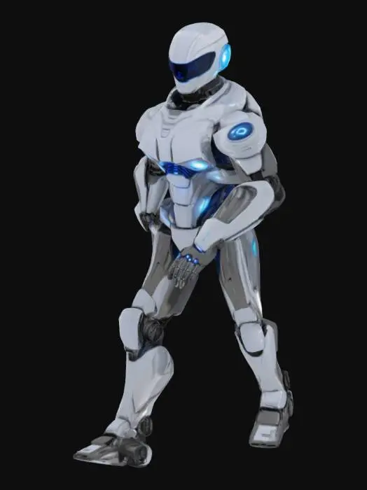 3D model for 디자인 및 외형: 퓨처 가디언은 매끄럽고 유선형의 티타늄 합금으로 제작되어 있습니다. 햇빛이나 도시의 불빛을 반사하며 은은하게 빛나는 이 로봇의 외형은 보는 이로 하여금 경외감을 느끼게 하죠. 특히, 어둠 속에서도 또렷하게 빛나는 푸른색 광학 센서는 주변 환경을 꿰뚫어 보는 예리한 시야를 상징합니다. 키는 약 2.5미터로, 위압적이면서도 날렵한 인상을 줍니다. 내장된 소음 억제 시스템 덕분에 움직임은 거의 들리지 않아, 밤의 도시를 그림자처럼 순찰하기에 안성맞춤입니다.