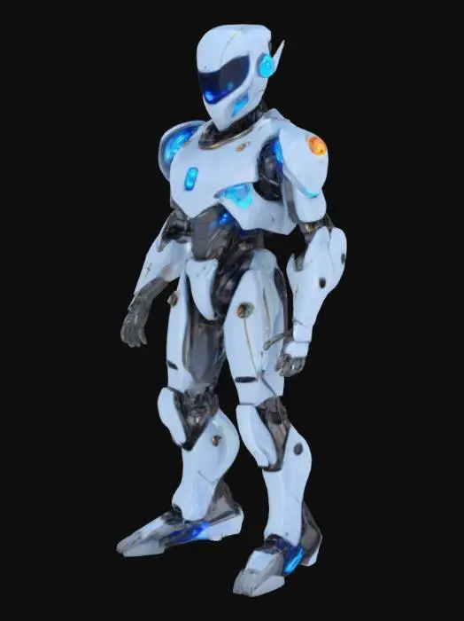 3D model for 
로봇은 매끄러운 금속 몸체와 강렬하게 빛나는 파란색 눈을 가지고 있습니다. 날카로운 각도와 복잡한 디테일이 돋보이는 독특한 디자인이며, 마치 지금 당장 움직일 듯 역동적인 자세를 취하고 있습니다.

전반적인 색상은 차가운 파란색과 회색이 조화를 이루고 있으며, 생생한 네온 악센트가 더해져 미래적인 느낌을 강조합니다.