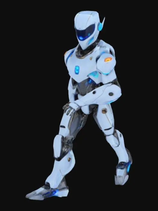 3D model for 
로봇은 매끄러운 금속 몸체와 강렬하게 빛나는 파란색 눈을 가지고 있습니다. 날카로운 각도와 복잡한 디테일이 돋보이는 독특한 디자인이며, 마치 지금 당장 움직일 듯 역동적인 자세를 취하고 있습니다.

전반적인 색상은 차가운 파란색과 회색이 조화를 이루고 있으며, 생생한 네온 악센트가 더해져 미래적인 느낌을 강조합니다.