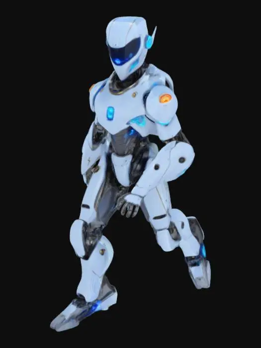 3D model for 
로봇은 매끄러운 금속 몸체와 강렬하게 빛나는 파란색 눈을 가지고 있습니다. 날카로운 각도와 복잡한 디테일이 돋보이는 독특한 디자인이며, 마치 지금 당장 움직일 듯 역동적인 자세를 취하고 있습니다.

전반적인 색상은 차가운 파란색과 회색이 조화를 이루고 있으며, 생생한 네온 악센트가 더해져 미래적인 느낌을 강조합니다.