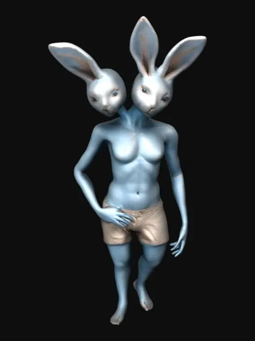 3D model for фигура человека с тремя руками, руки опущены. две ГРОМАДНЫЕ кроличьи головы с ушами кроликов. голый торс, худоватый, стоит в одних шортах. трансгендерная внешность, цвет тела голубоватый