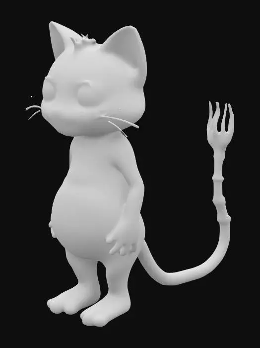 3D model for человекоподобный кот, стоит на двух ногах, лысый, толстый, выражение лица очень милое. на хвосте растёт скелет 