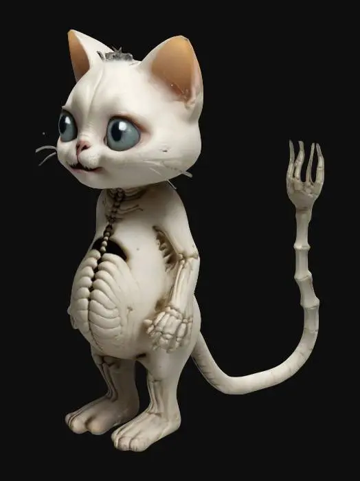 3D model for человекоподобный кот, стоит на двух ногах, лысый, толстый, выражение лица очень милое. на хвосте растёт скелет 