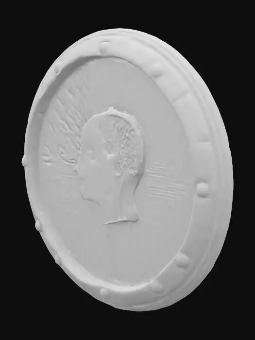 3D model for Create a futuristic medallion. The outer design should resemble a glowing computer processor and a neural network chip, featuring intricate circuit patterns and illuminated tech details. Within the badge, subtly integrate a hidden human face — abstract or geometric — as if it's emerging from the circuits or mesh. The overall look should feel intelligent, and advanced, combining artificial intelligence with human consciousness. Use a dark or metallic background with glowing green, purple, or teal light effects. The face should not be obvious at first glance — it should reveal itself upon closer inspection, as part of the circuit pattern. The style should be sleek, symmetrical. Ultra realistic. 