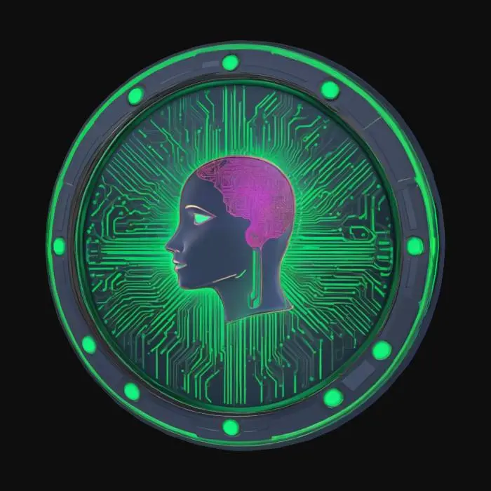 3D model for Create a futuristic medallion. The outer design should resemble a glowing computer processor and a neural network chip, featuring intricate circuit patterns and illuminated tech details. Within the badge, subtly integrate a hidden human face — abstract or geometric — as if it's emerging from the circuits or mesh. The overall look should feel intelligent, and advanced, combining artificial intelligence with human consciousness. Use a dark or metallic background with glowing green, purple, or teal light effects. The face should not be obvious at first glance — it should reveal itself upon closer inspection, as part of the circuit pattern. The style should be sleek, symmetrical. Ultra realistic. 