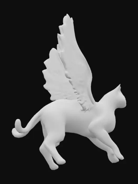 3D model for un gato alado en estilo de figura griega, épica, como si fuera un dios bajando del cielo