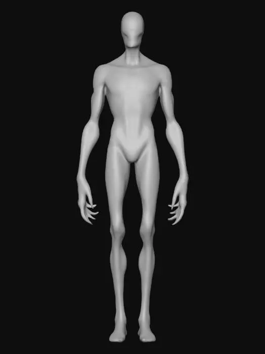 3D model for Tall humanoid horror creature with elongated arms and legs, faceless head, cracked black skin, subtle glowing eyes, unnatural posture, disturbing silhouette, eerie and threatening presence, standing pose
Style: Roblox-compatible 3D model, low to mid poly, optimized topology, clean UVs, single 1024 texture, dark horror aesthetic