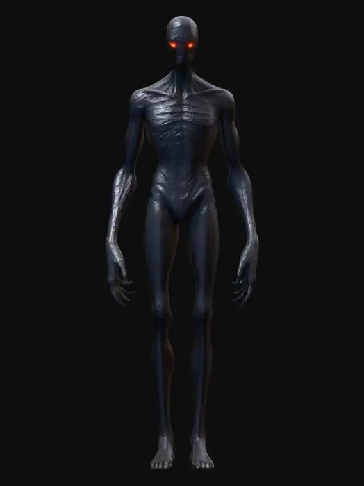 3D model for Tall humanoid horror creature with elongated arms and legs, faceless head, cracked black skin, subtle glowing eyes, unnatural posture, disturbing silhouette, eerie and threatening presence, standing pose
Style: Roblox-compatible 3D model, low to mid poly, optimized topology, clean UVs, single 1024 texture, dark horror aesthetic