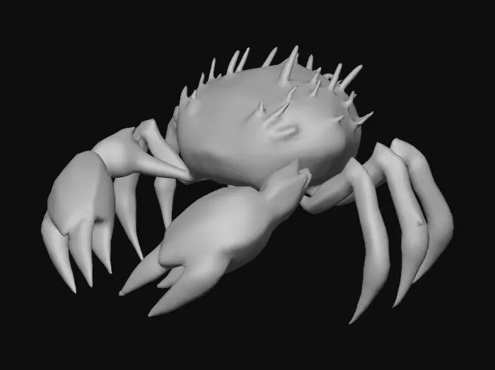 3D model for Low poly mutant crab creature, stylized fantasy design. Features include oversized claws, spiked limbs, glowing red eyes, and armored shell with rough texture. No background, no environment. Focus on silhouette readability and exaggerated proportions. Suitable for stylized game asset. Triangular geometry, simplified shapes low poly , clean topology.