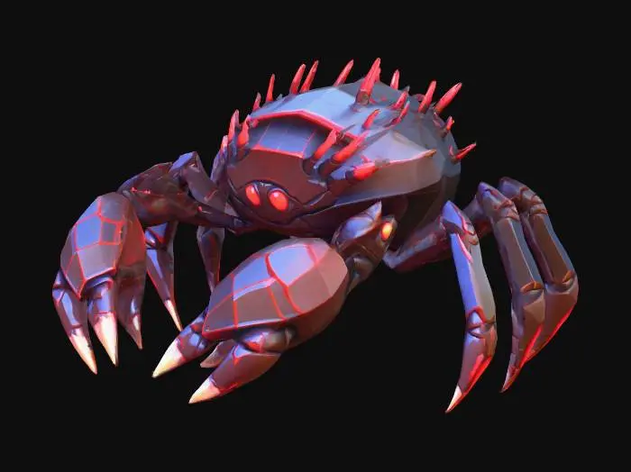 3D model for Low poly mutant crab creature, stylized fantasy design. Features include oversized claws, spiked limbs, glowing red eyes, and armored shell with rough texture. No background, no environment. Focus on silhouette readability and exaggerated proportions. Suitable for stylized game asset. Triangular geometry, simplified shapes low poly , clean topology.