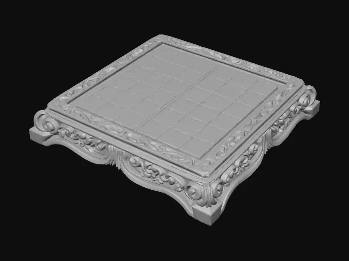 3D model for A beautifully crafted chess board. It has marble squares for the playing space and the marble sits in a beautifully carved wooden frame. The carving is flowing Celtic designs. The board is polished and new and has complex symmetry