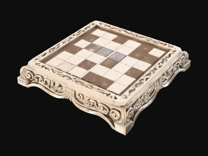 3D model for A beautifully crafted chess board. It has marble squares for the playing space and the marble sits in a beautifully carved wooden frame. The carving is flowing Celtic designs. The board is polished and new and has complex symmetry