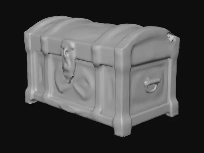 3D model for rich medieval chest has a massive rectangular shape, carved from dark, rich wood, possibly stained oak or black walnut, with a deeply polished, smooth surface. Its lid and sides are richly decorated with intricate, multilevel carvings in Gothic or floral style, which creates a rich, embossed texture. The chest is reinforced with wide forged metal bands and is equipped with heavy, richly decorated locks and hinges made of bronze or blackened iron, cool and strong to the touch, emphasizing its grandeur.