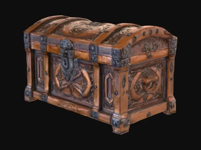 3D model for rich medieval chest has a massive rectangular shape, carved from dark, rich wood, possibly stained oak or black walnut, with a deeply polished, smooth surface. Its lid and sides are richly decorated with intricate, multilevel carvings in Gothic or floral style, which creates a rich, embossed texture. The chest is reinforced with wide forged metal bands and is equipped with heavy, richly decorated locks and hinges made of bronze or blackened iron, cool and strong to the touch, emphasizing its grandeur.