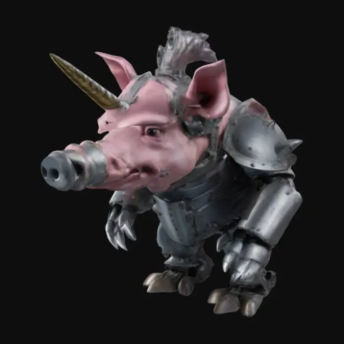 3D model for angry metal-armored pig with unicorn drill on forehead, bipedal animatronic