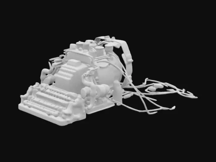 3D model for engine car, truck, ship, and submarine having rust texture sticky on foot human and display lcd face computer sticky keyboard and mouse cable technology disrupt organ human destruction