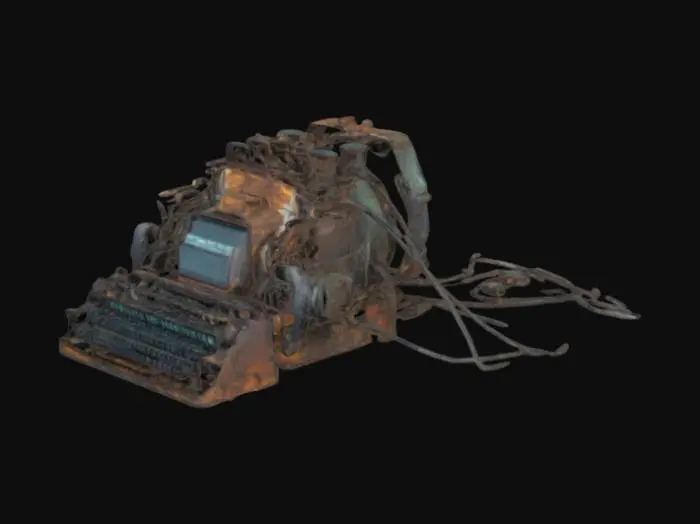 3D model for engine car, truck, ship, and submarine having rust texture sticky on foot human and display lcd face computer sticky keyboard and mouse cable technology disrupt organ human destruction