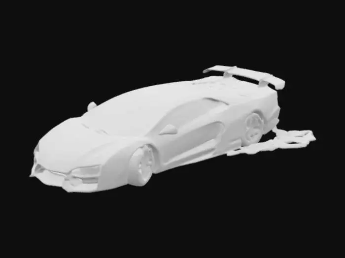 3D model for a car with style iron steel with chain between computer and flower kindergarten of background in the car, add painting texture mural abstract 3d surealism to out of the box material car, add wheel, below wood roots underground garage, add, and glass break after throwing snowball to make transform robotic motor bicycle in the car deluxe lamborgini