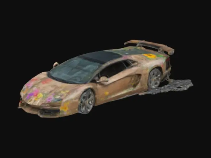 3D model for a car with style iron steel with chain between computer and flower kindergarten of background in the car, add painting texture mural abstract 3d surealism to out of the box material car, add wheel, below wood roots underground garage, add, and glass break after throwing snowball to make transform robotic motor bicycle in the car deluxe lamborgini