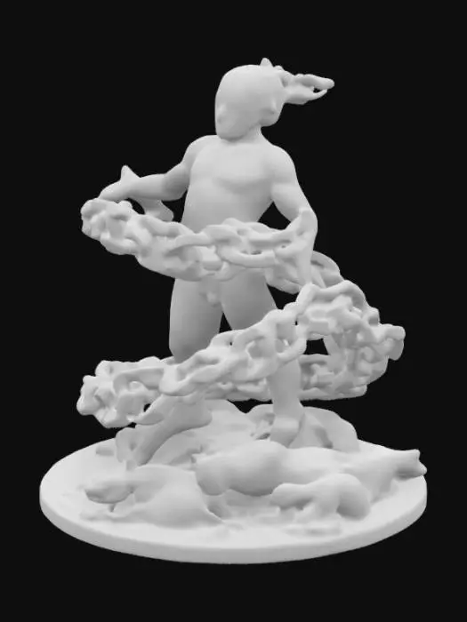 3D model for deconstruction abstract spiral chain of full body human with sticky big engine machine and animal wolf, fox, tiger, and lion combine the computer lcd monitor with construction laboratorium stab and concrete clay architecture postmodern absudism.