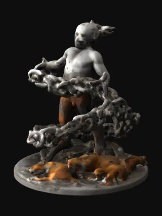 3D model for deconstruction abstract spiral chain of full body human with sticky big engine machine and animal wolf, fox, tiger, and lion combine the computer lcd monitor with construction laboratorium stab and concrete clay architecture postmodern absudism.